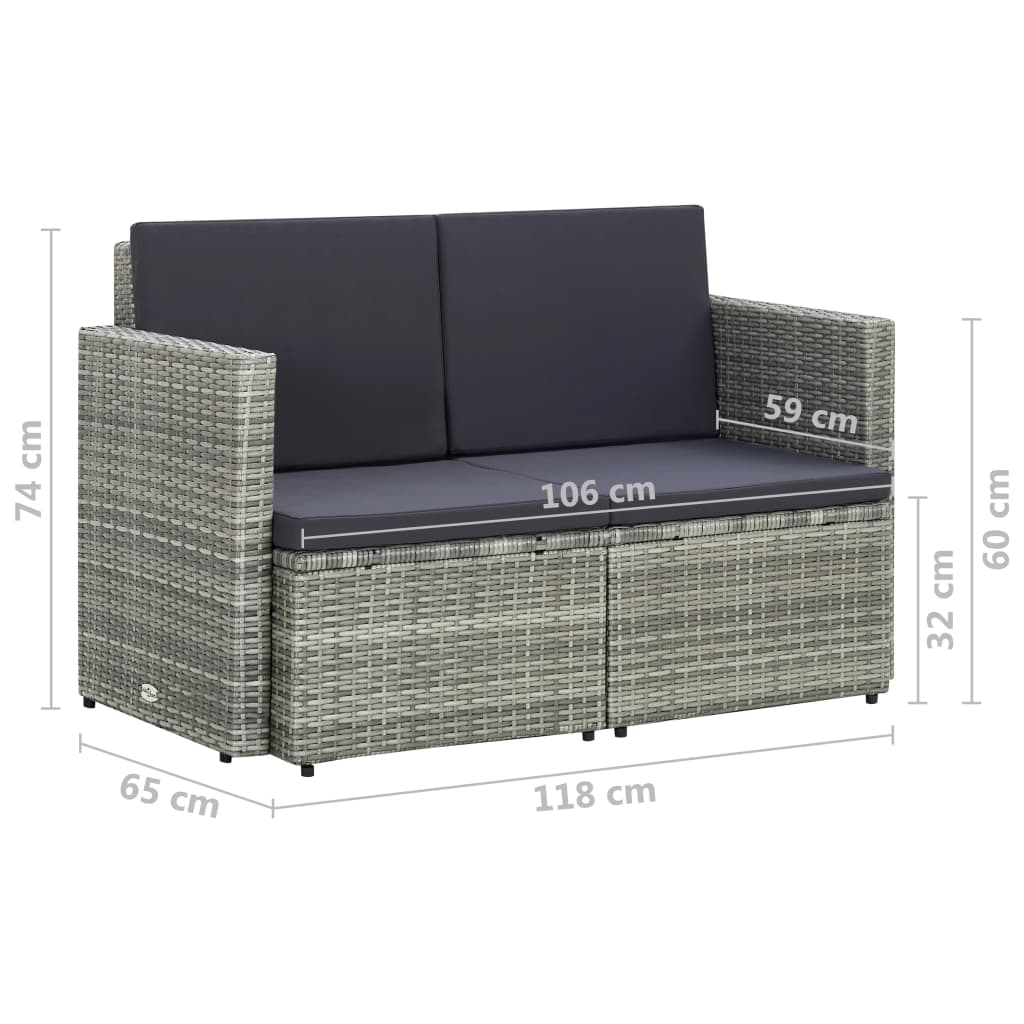 Divano da Giardino a 2 Posti con Cuscini Grigio in Polyrattan - homemem39