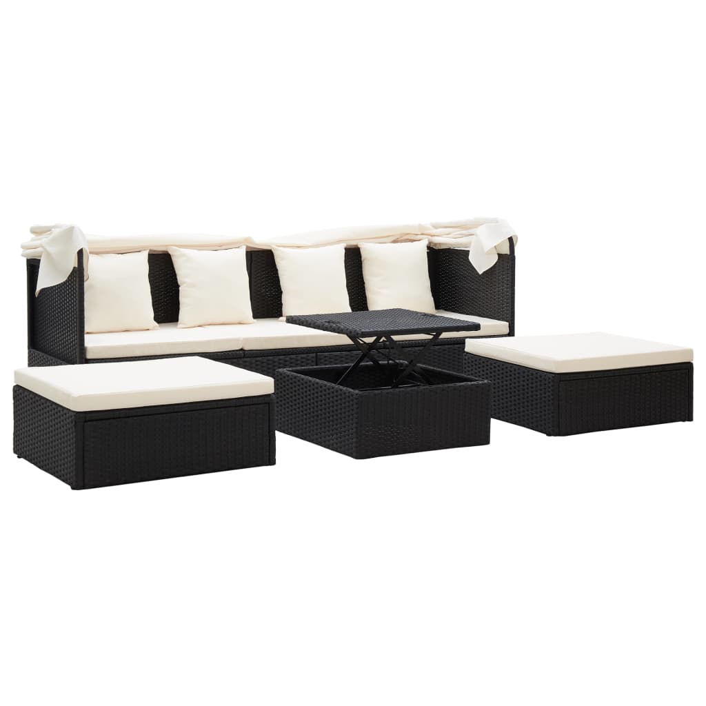 Lettino Prendisole con Tetto Nero in Polyrattan - homemem39