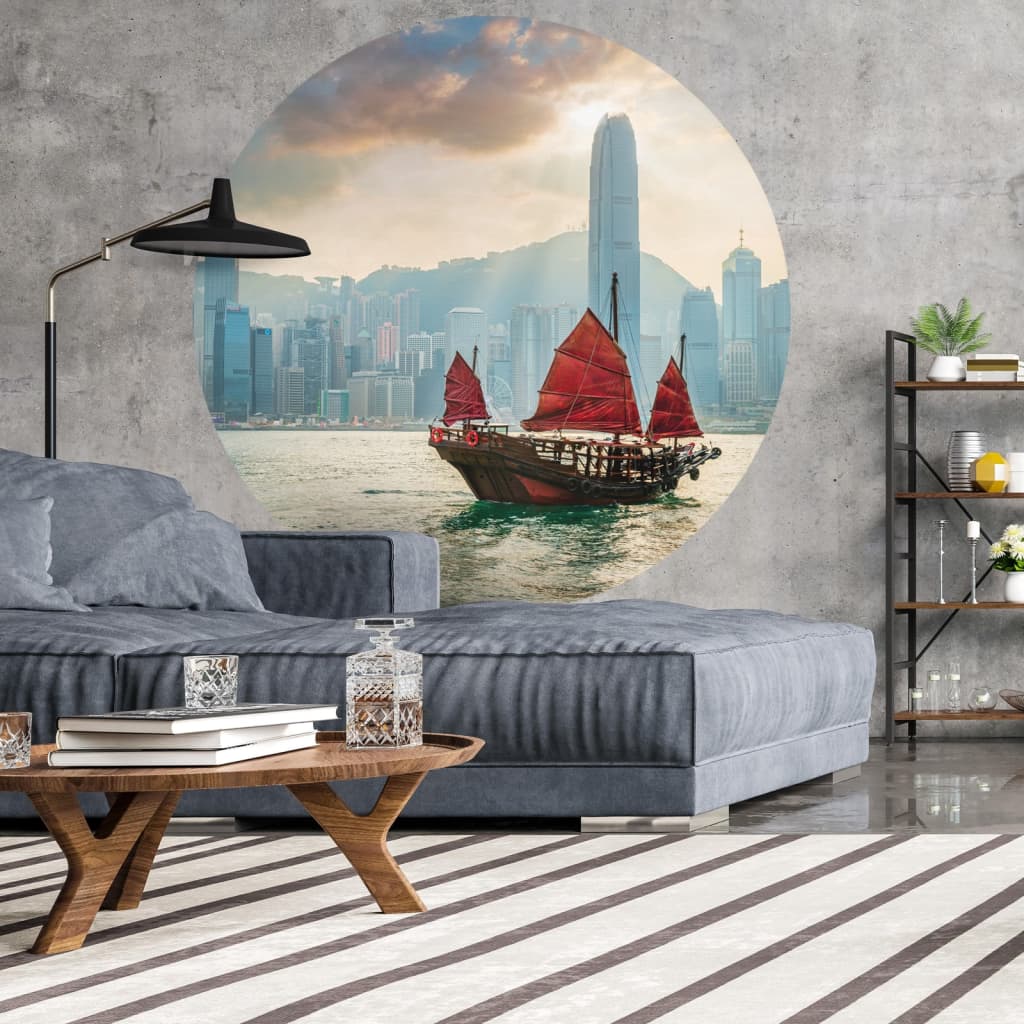 WallArt Cerchio Carta da Parati Skyline with Junk Boat 142,5 cm - homemem39