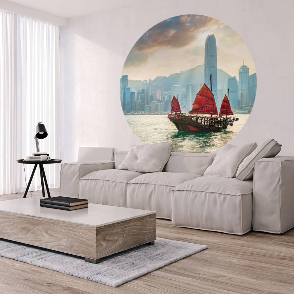 WallArt Cerchio Carta da Parati Skyline with Junk Boat 142,5 cm - homemem39