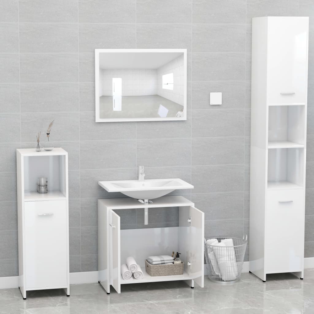 vidaXL Set Mobili da Bagno Bianco Lucido in Legno Multistrato - homemem39