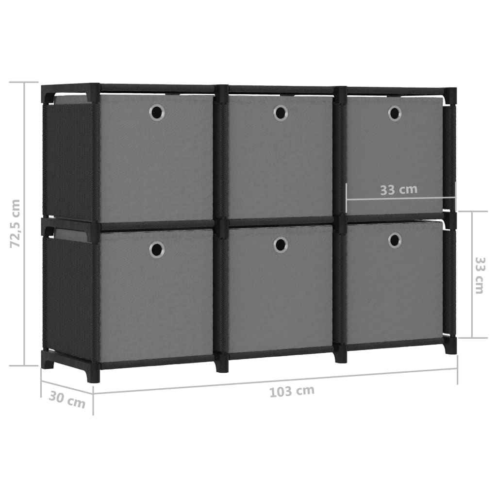 Mensola con 6 Vani a Cubo e Scatole Nera 103x30x72,5 cm Tessuto - homemem39