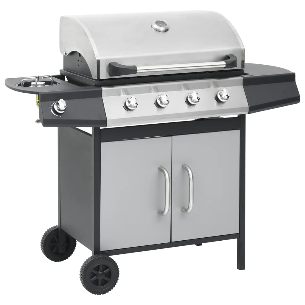 Barbecue Griglia a Gas 4+1 Fornelli Nero Argento Acciaio e Inox - homemem39