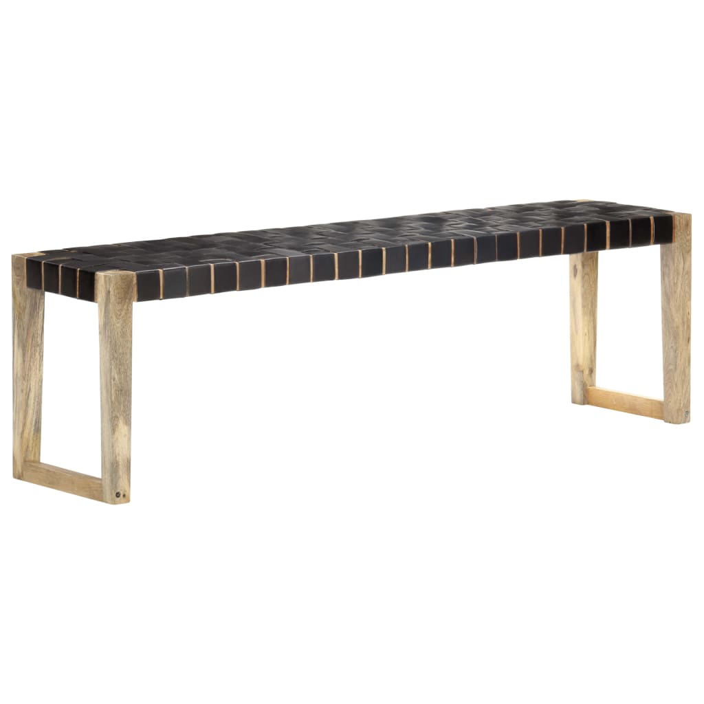 Panca 150 cm Nera in Vera Pelle e Legno Massello di Mango - homemem39