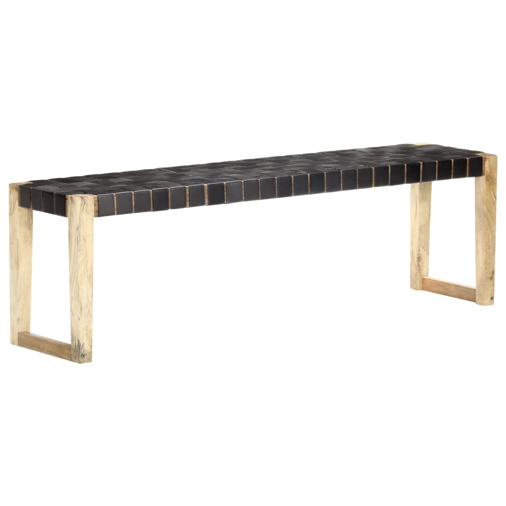 Panca 150 cm Nera in Vera Pelle e Legno Massello di Mango - homemem39