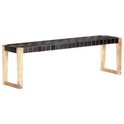 Panca 150 cm Nera in Vera Pelle e Legno Massello di Mango - homemem39