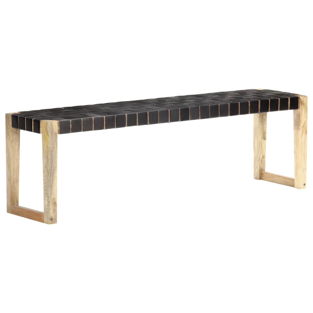 Panca 150 cm Nera in Vera Pelle e Legno Massello di Mango - homemem39