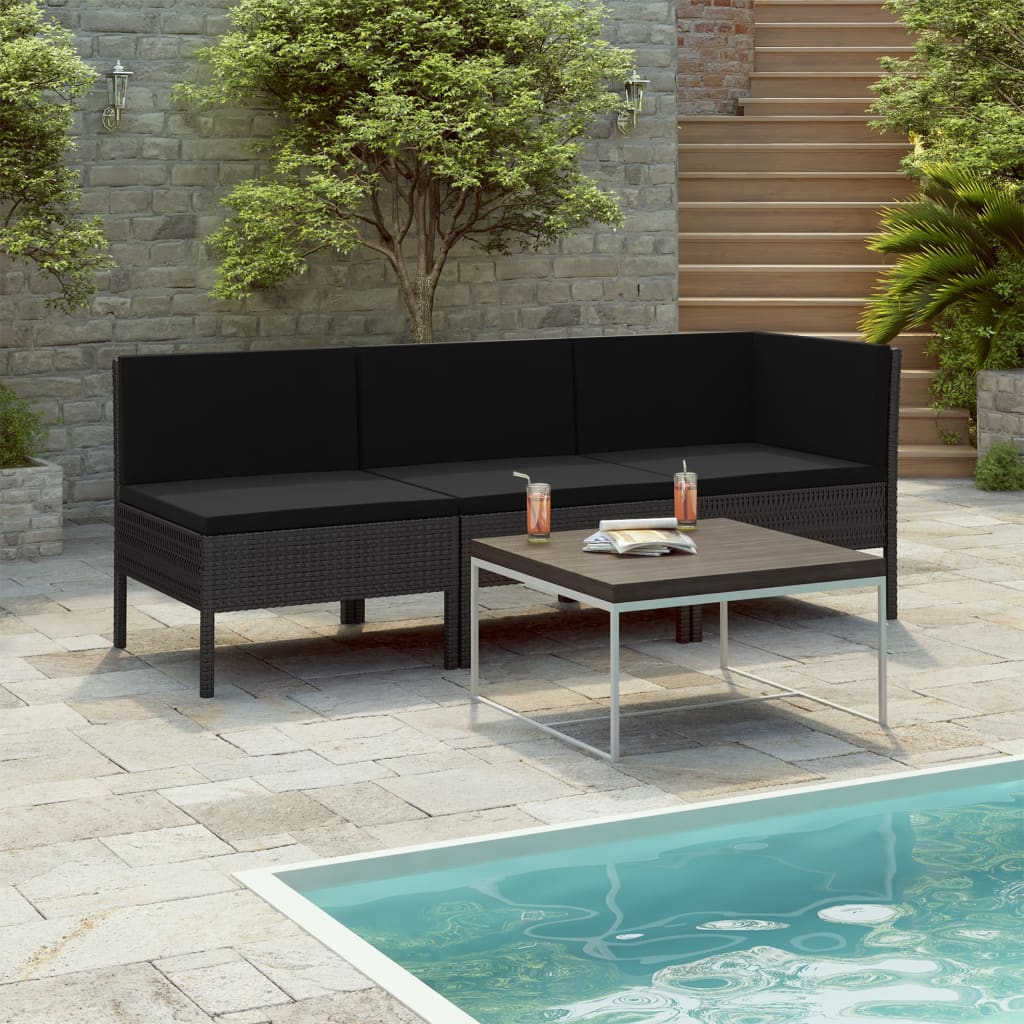 Set Divani da Giardino 3 pz con Cuscini in Polyrattan Nero - homemem39