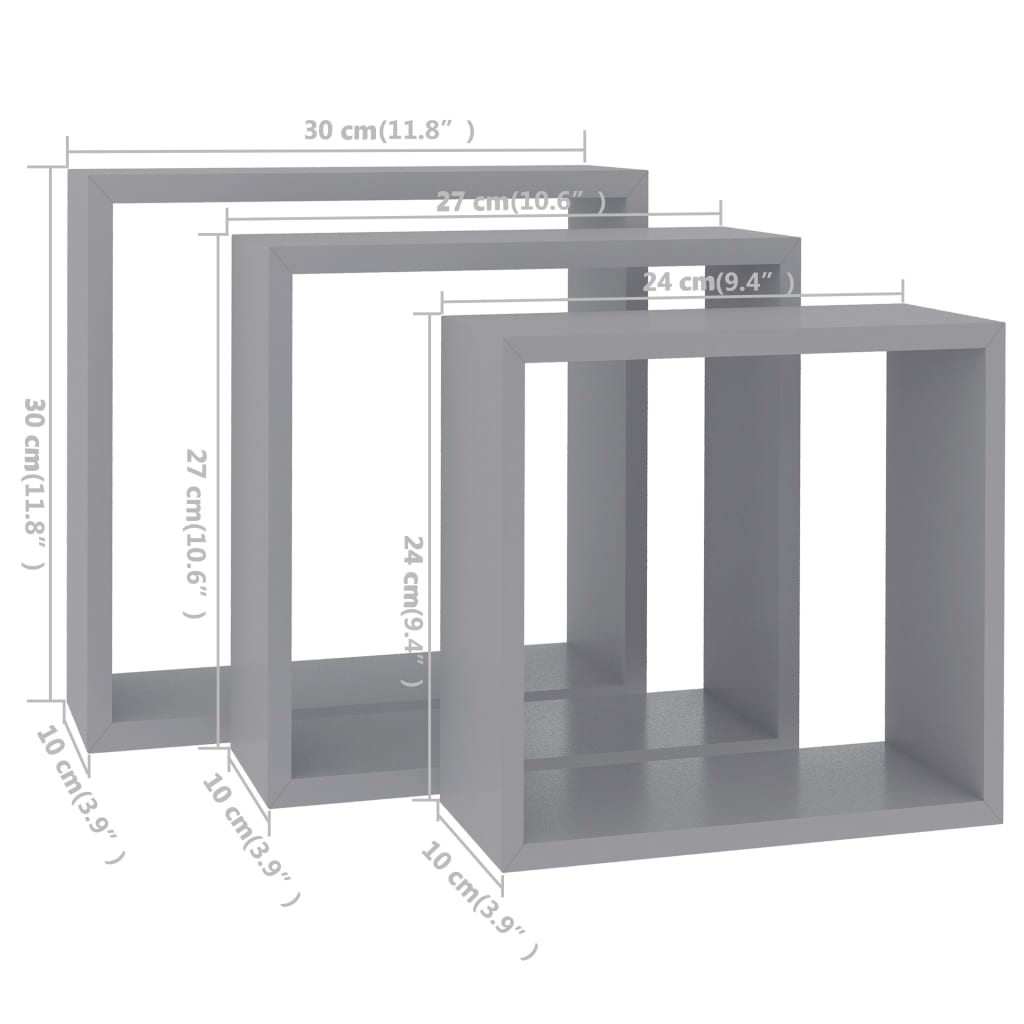 Mensole a Cubo da Parete 3 pz Grigie in MDF - homemem39