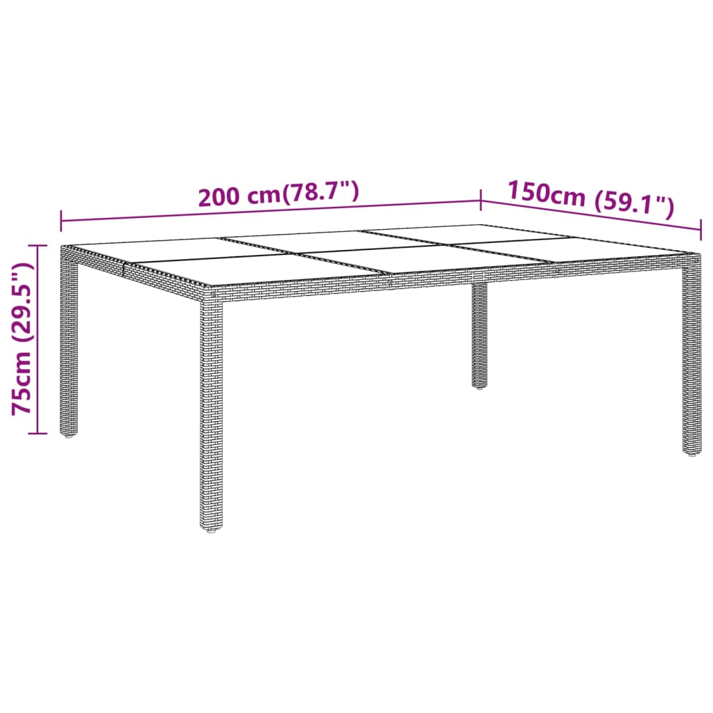 Tavolo Giardino 200x150x75 cm Vetro Temperato Polyrattan Grigio - homemem39