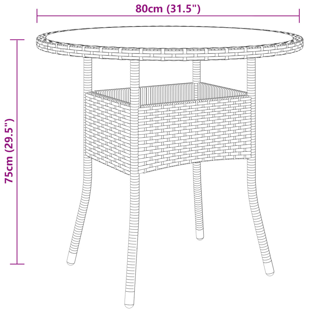 Tavolo da Giardino Ø80x75 cm Vetro Temperato e Polyrattan Nero - homemem39