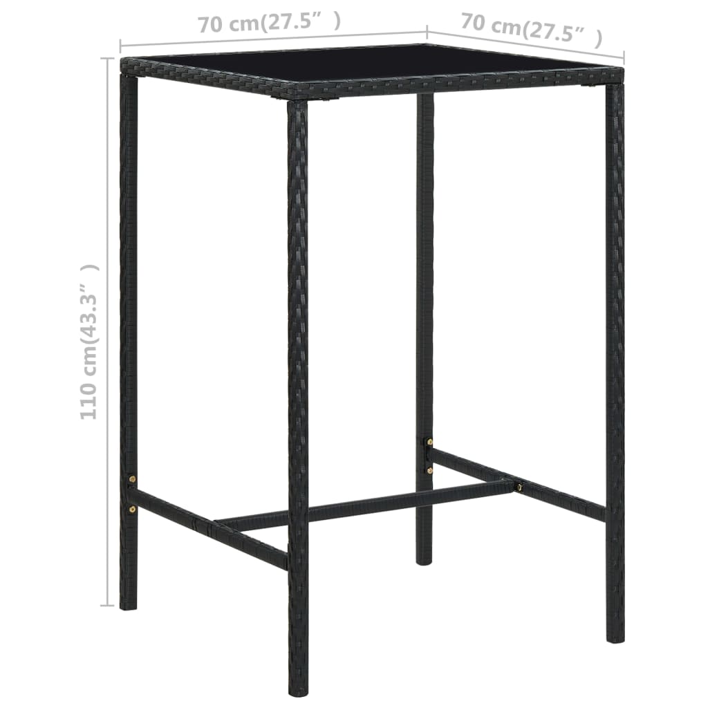 Tavolo da Bar da Giardino Nero 70x70x110 cm Polyrattan e Vetro - homemem39