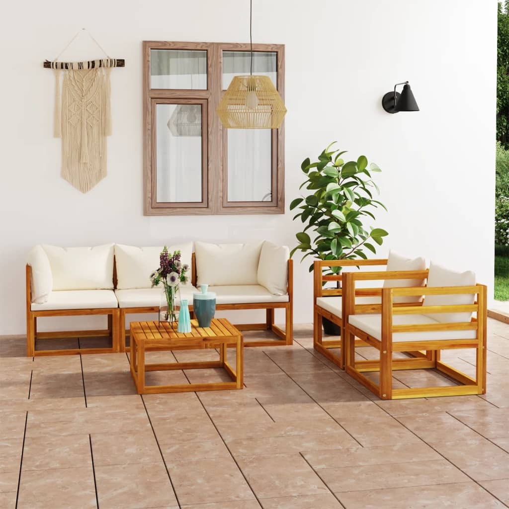 Set Divani da Giardino 6 pz con Cuscini Crema Massello Acacia - homemem39