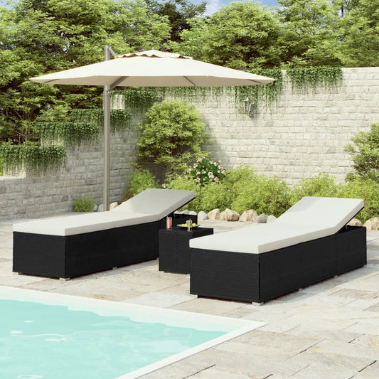 Lettini Prendisole con Tavolino 3 pz in Polyrattan Nero - homemem39