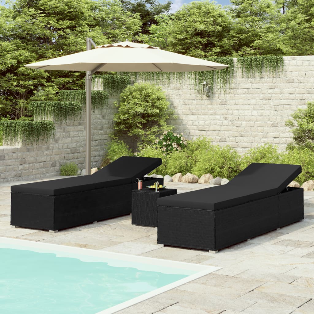 Lettini Prendisole con Tavolino 3 pz in Polyrattan Nero - homemem39