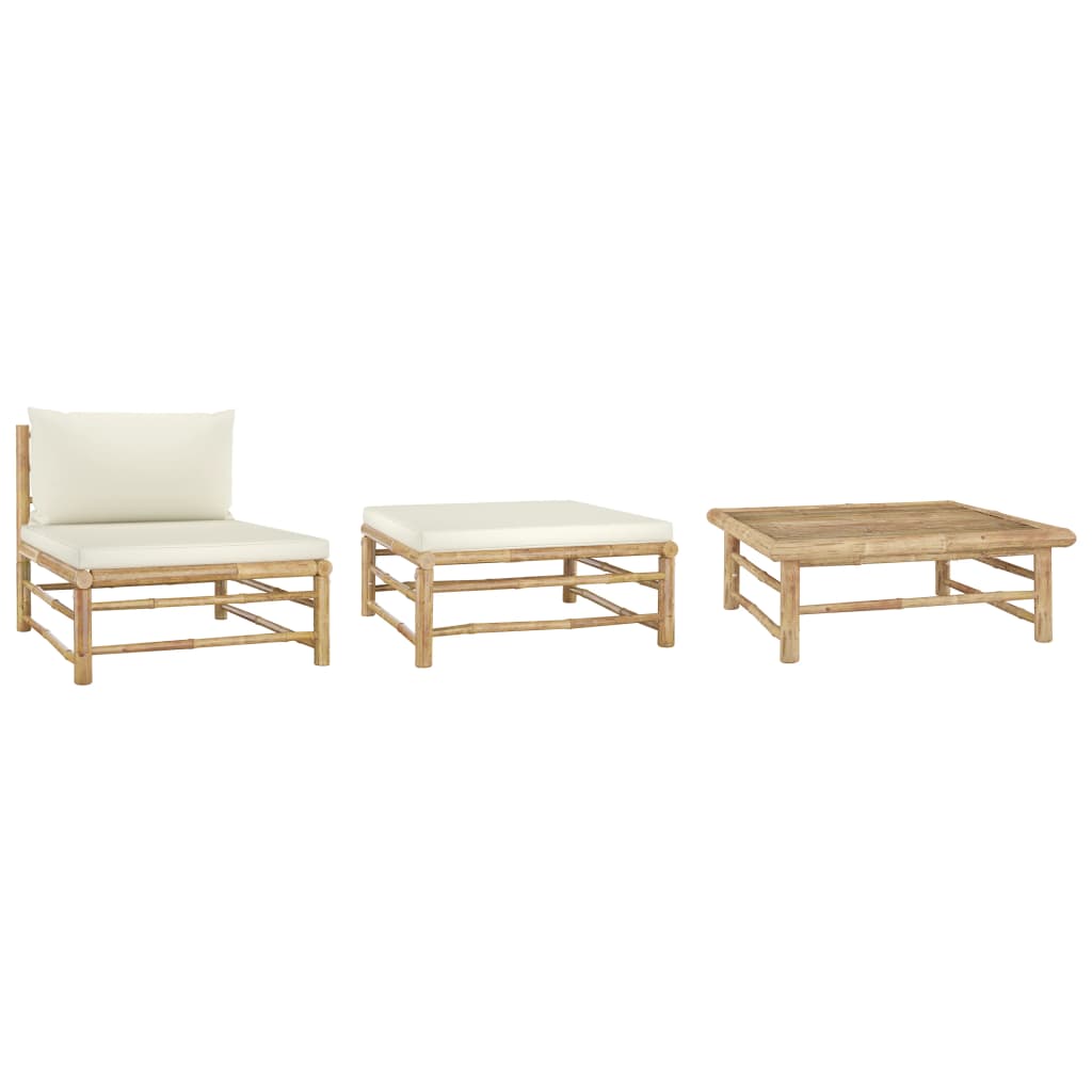 Set Divani da Giardino 3 pz con Cuscini Bianco Crema in Bambù - homemem39