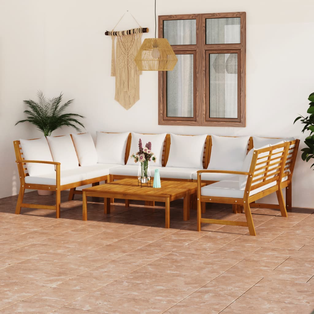 Set Divani da Giardino 9 pz con Cuscini Crema in Legno Acacia - homemem39