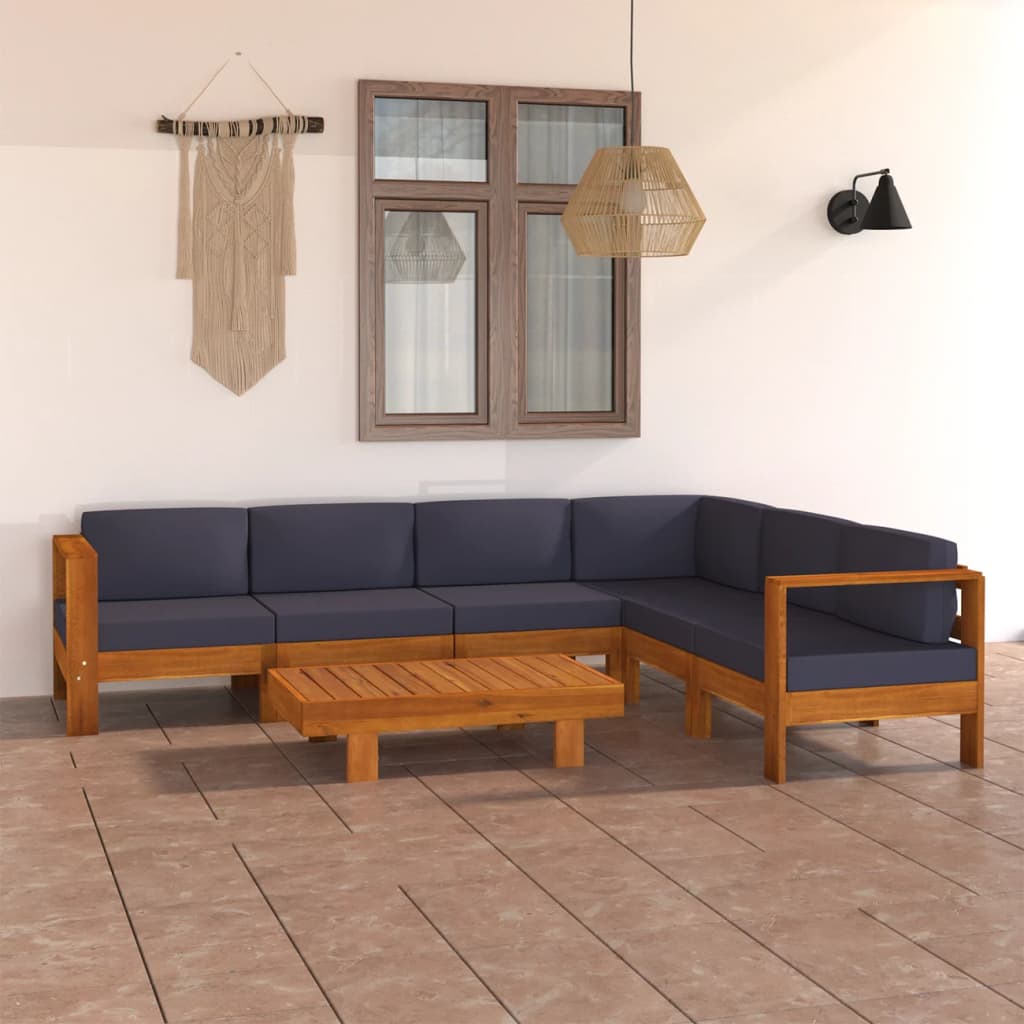 Set Divani Giardino 7 Posti Cuscini Grigi Scuro Massello Acacia - homemem39