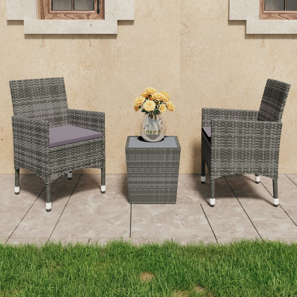 Set Bistrot Giardino 3 pz Polyrattan e Vetro Temperato Grigio - homemem39