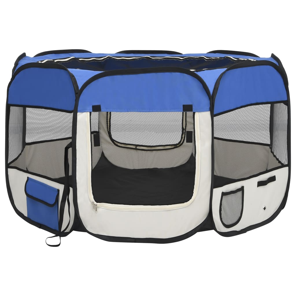 Box per Cani Pieghevole con Borsa Trasporto Blu 110x110x58 cm - homemem39