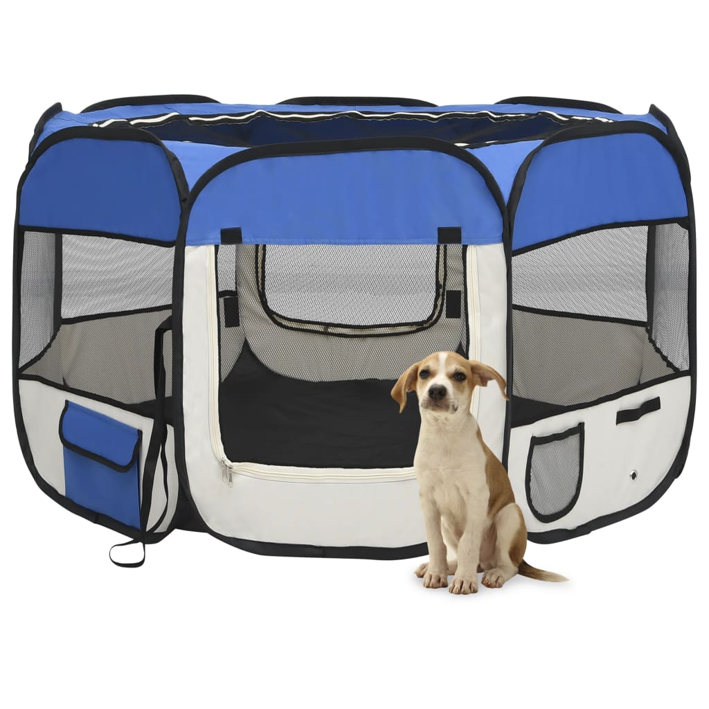 Box per Cani Pieghevole con Borsa Trasporto Blu 110x110x58 cm - homemem39