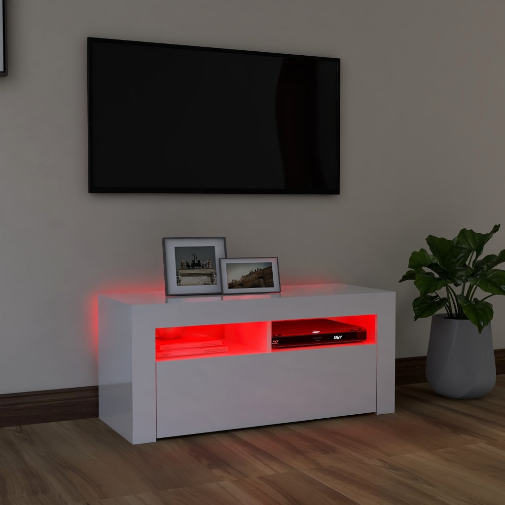 Mobile Porta TV con Luci LED Bianco Lucido 90x35x40 cm - homemem39