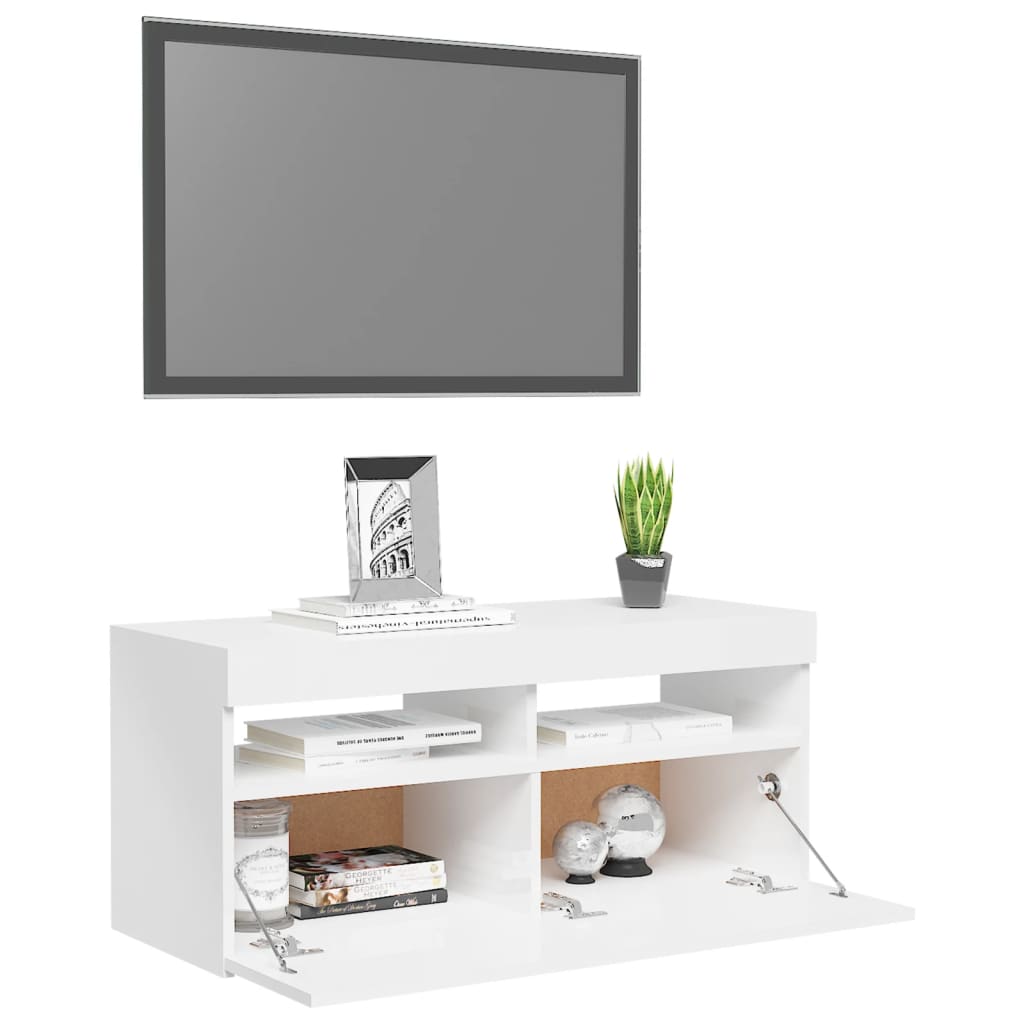 Mobile Porta TV con Luci LED Bianco Lucido 90x35x40 cm - homemem39