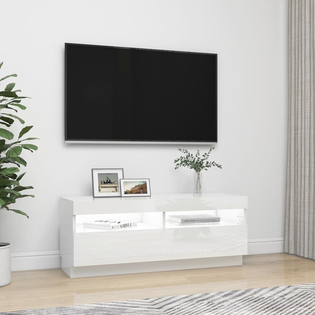 Mobile Porta TV con Luci LED Bianco Lucido 100x35x40 cm - homemem39