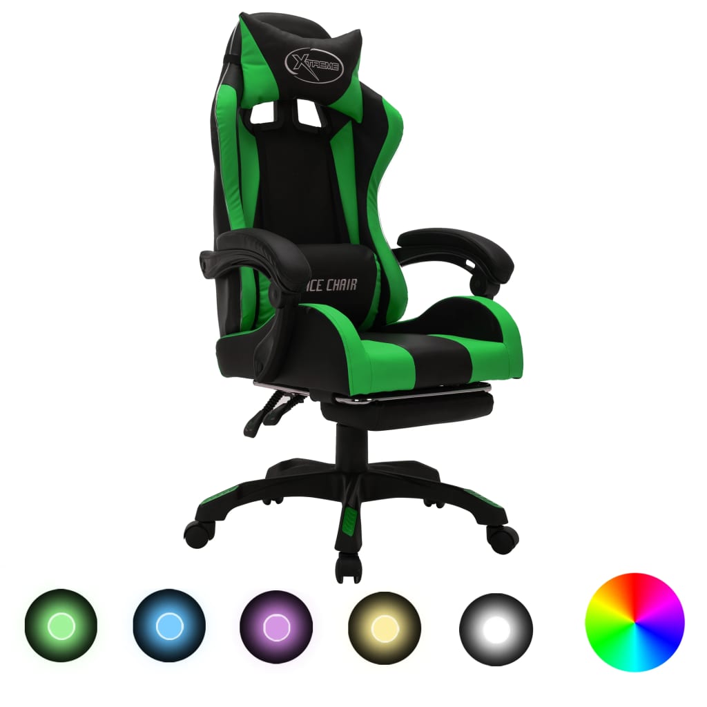 Sedia da Gaming con Luci a LED RGB Verde e Nera in Similpelle - homemem39