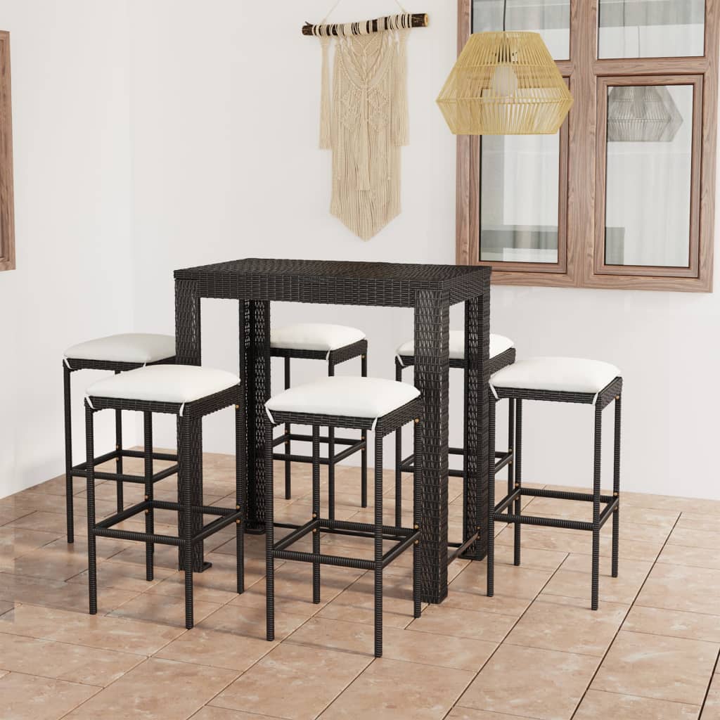 Set Bar da Giardino 7 pz con Cuscini in Polyrattan Nero - homemem39