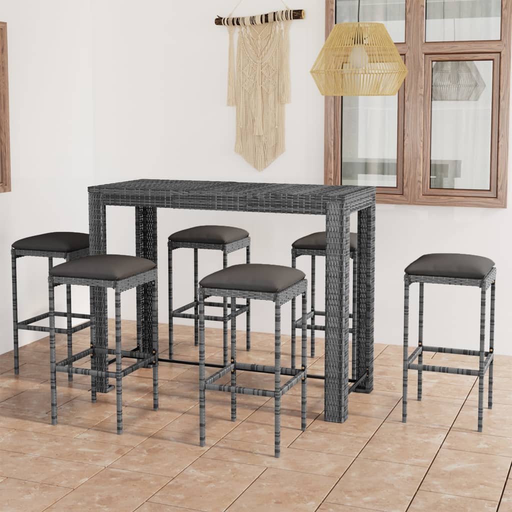 Set da Bar da Giardino 7 pz con Cuscini in Polyrattan Grigio - homemem39