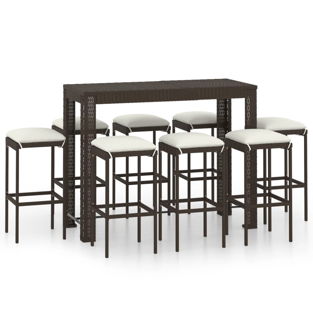 Set da Bar da Giardino 9 pz con Cuscini in Polyrattan Marrone - homemem39