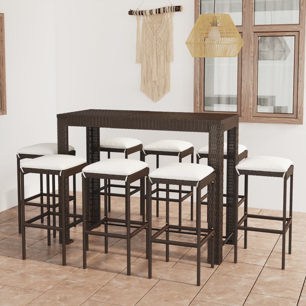 Set da Bar da Giardino 9 pz con Cuscini in Polyrattan Marrone - homemem39