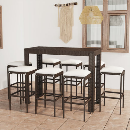 Set da Bar da Giardino 9 pz con Cuscini in Polyrattan Marrone - homemem39