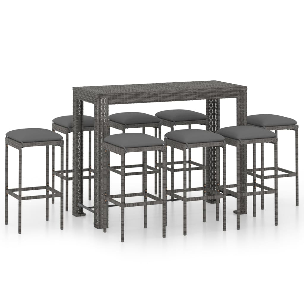 Set da Bar da Giardino 9 pz con Cuscini in Polyrattan Grigio - homemem39