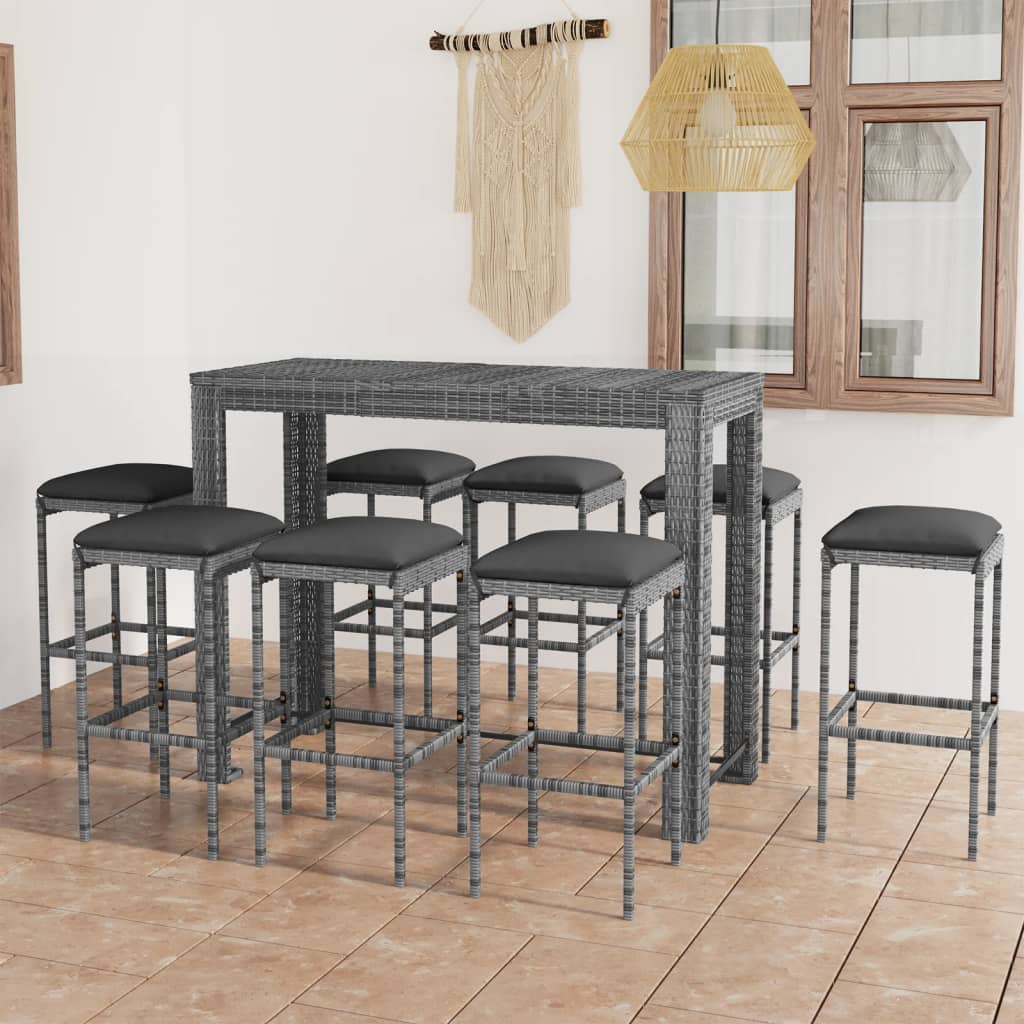 Set da Bar da Giardino 9 pz con Cuscini in Polyrattan Grigio - homemem39