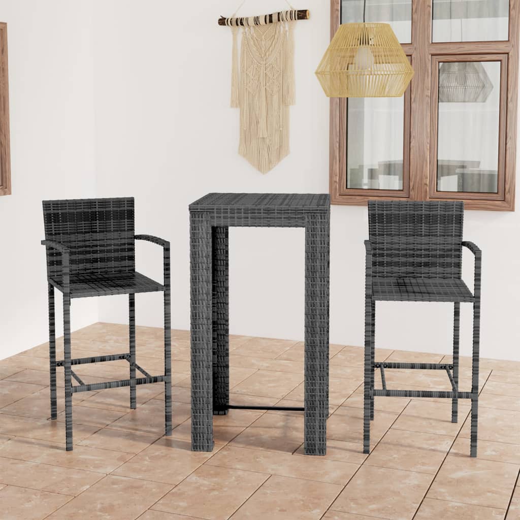 Set Bar da Giardino 3 pz con Braccioli in Polyrattan Grigio - homemem39