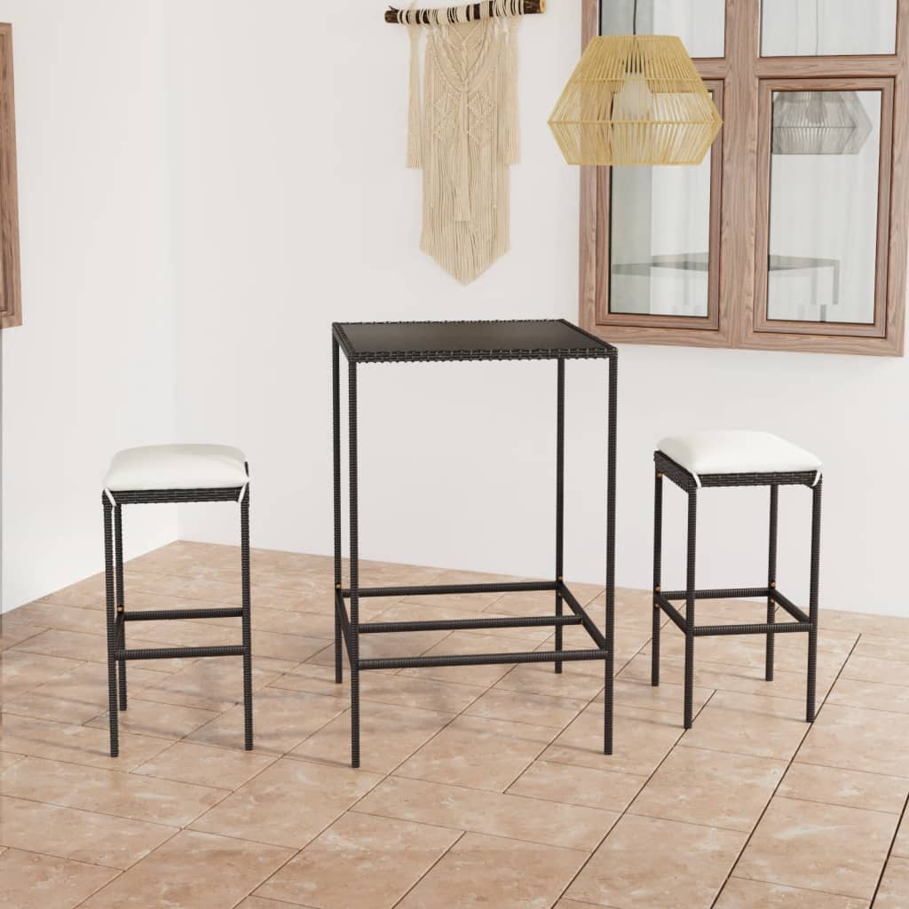 Set Bar da Giardino 3 pz con Cuscini Polyrattan Nero - homemem39