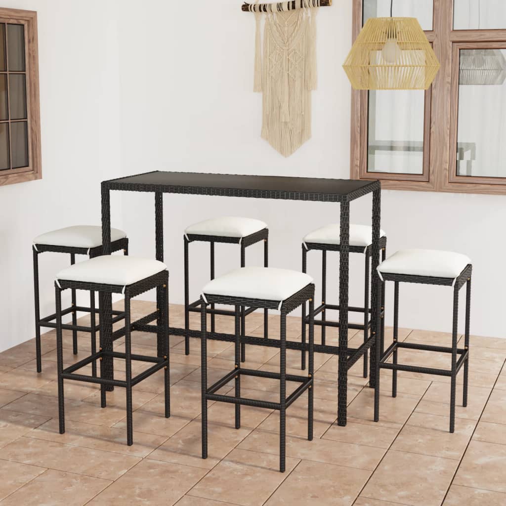 Set Bar da Giardino 7 pz con Cuscini in Polyrattan Nero - homemem39