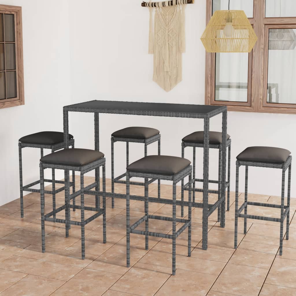 Set da Bar da Giardino 7 pz con Cuscini in Polyrattan Grigio - homemem39