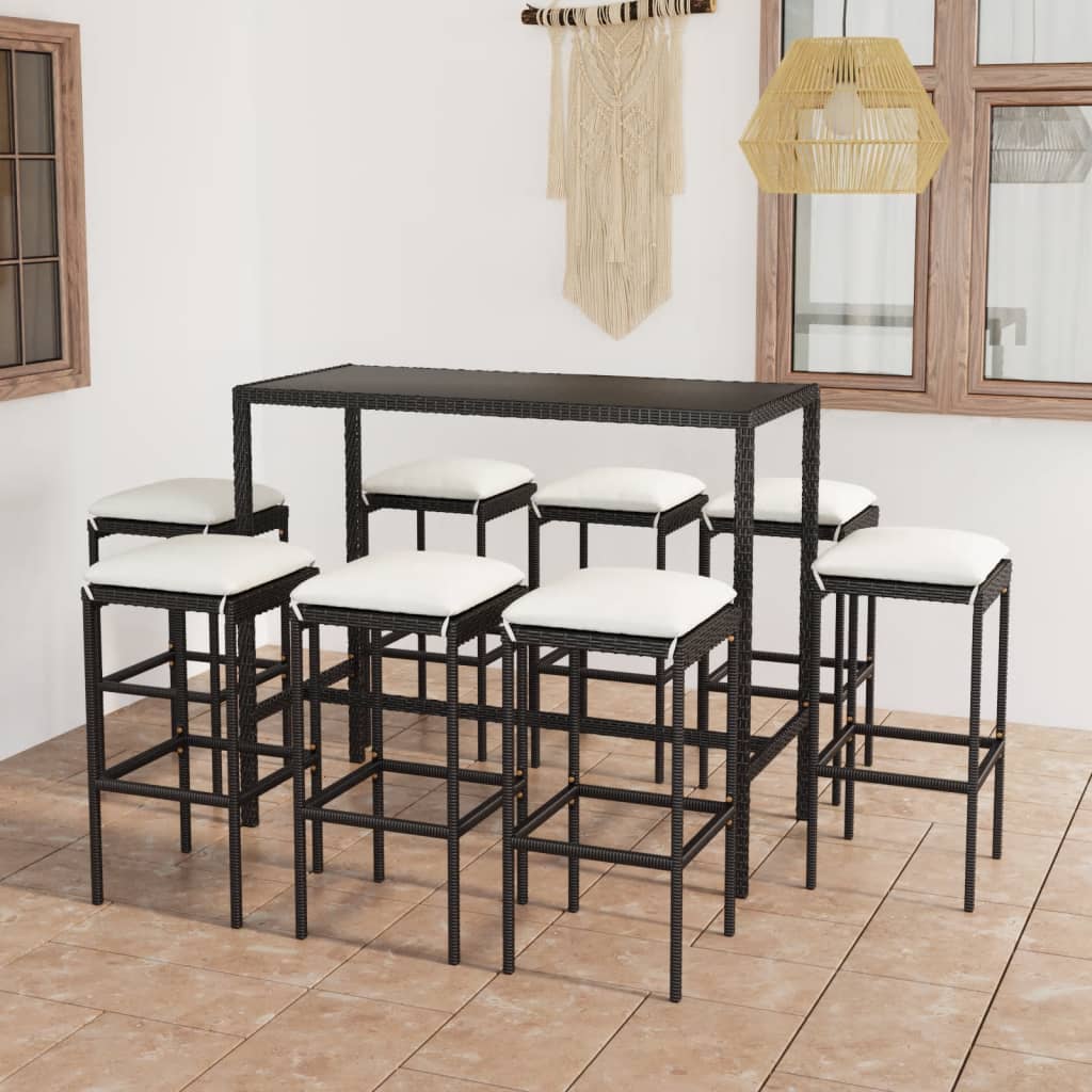 Set da Bar da Giardino 9 pz con Cuscini in Polyrattan Nero - homemem39