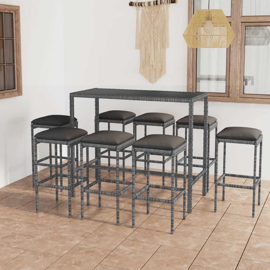 Set da Bar per Giardino 9 pz con Cuscini in Polyrattan Grigio - homemem39