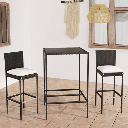 Set Bar da Giardino 3 pz con Cuscini Polyrattan Nero - homemem39