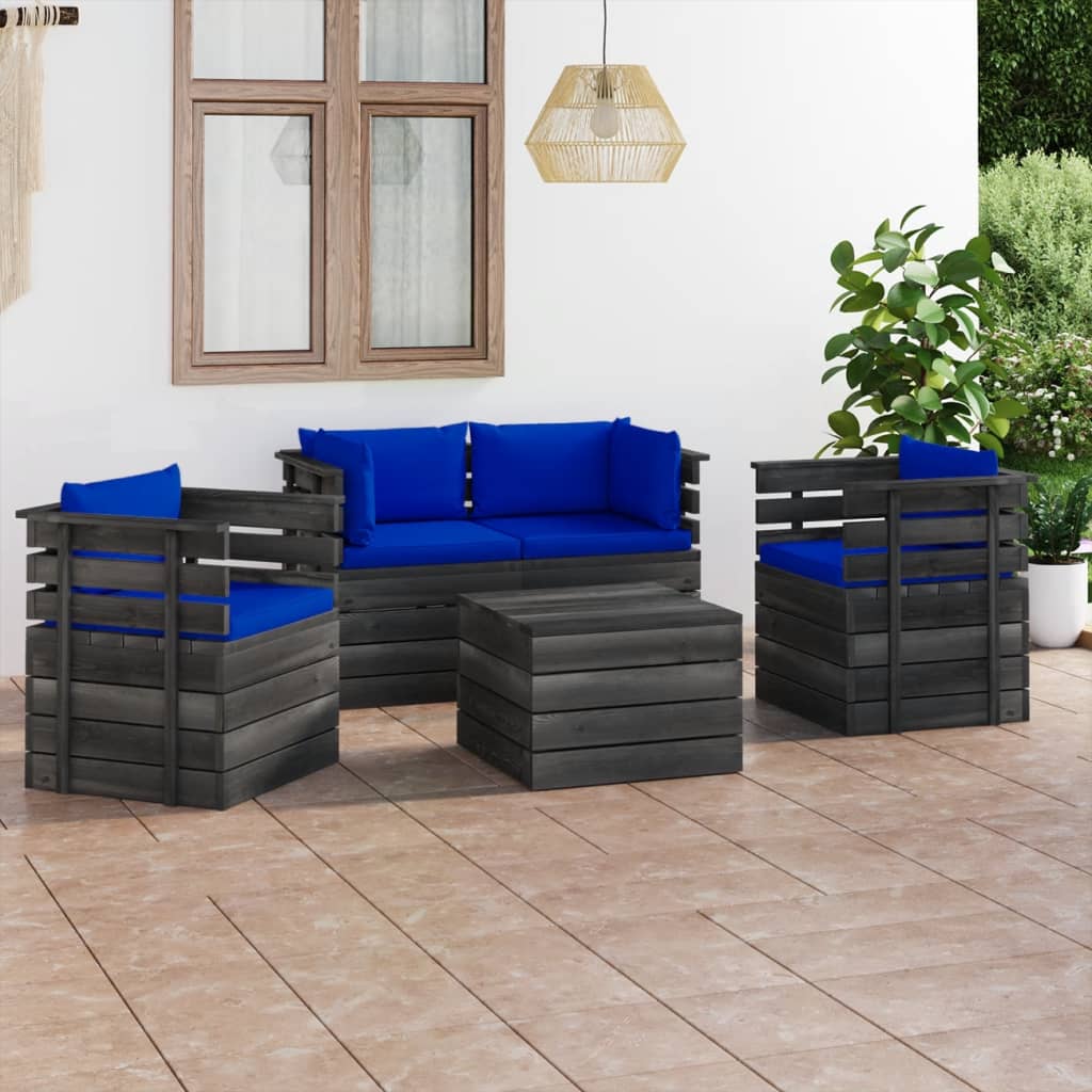 Set Divani da Giardino su Pallet 5 pz con Cuscini Massello Pino - homemem39