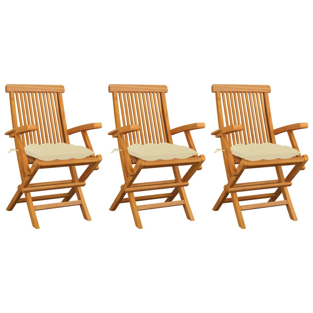 Sedie da Giardino con Cuscini Bianco Crema 3pz Massello di Teak - homemem39