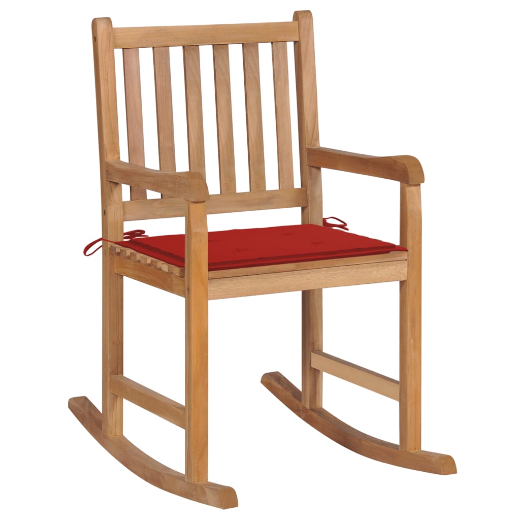 Sedia a Dondolo con Cuscino Rosso in Massello di Teak - homemem39