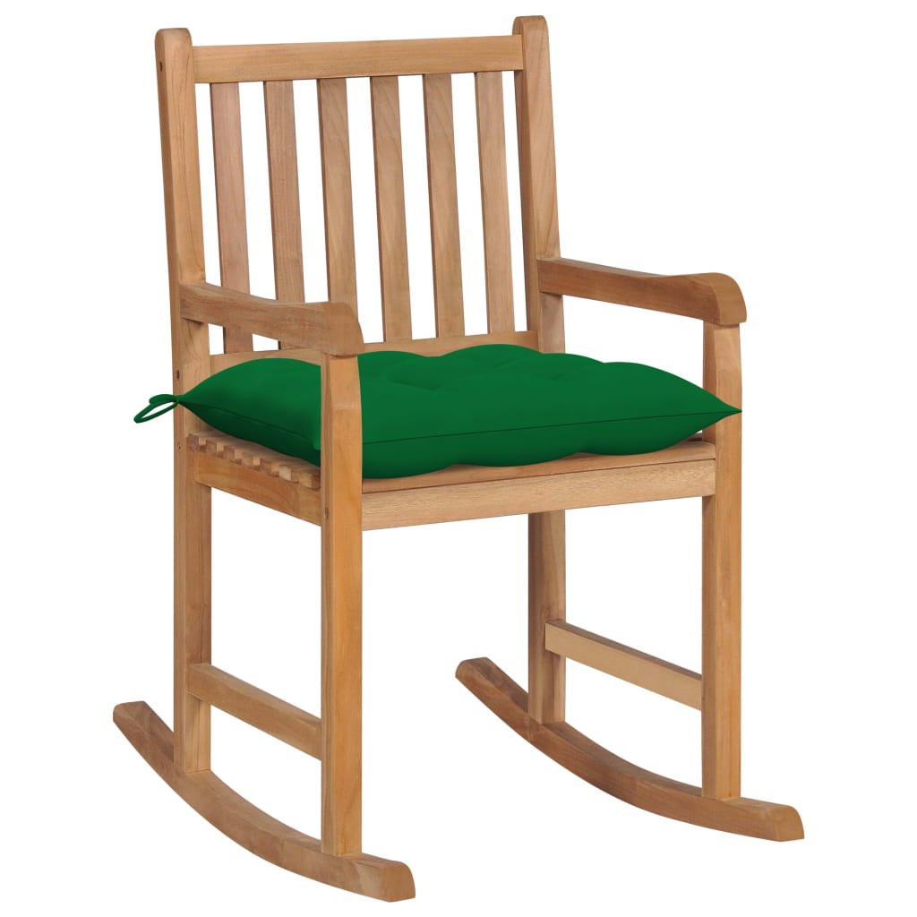 Sedia a Dondolo con Cuscino Verde in Legno di Teak - homemem39