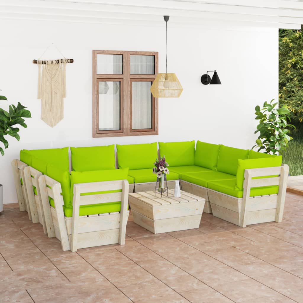 Set Divani da Giardino su Pallet 9 pz con Cuscini Legno Abete - homemem39