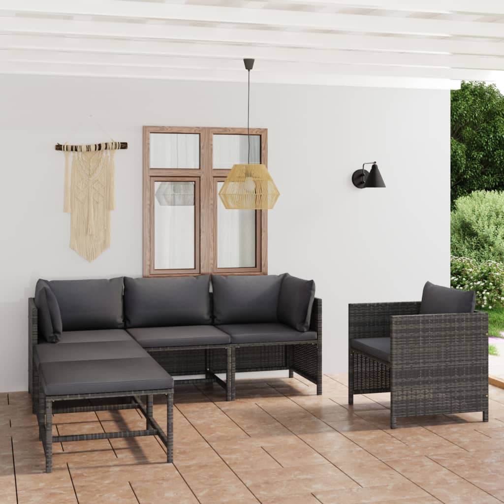 Set Divani da Giardino 6 pz con Cuscini in Polyrattan Grigio - homemem39