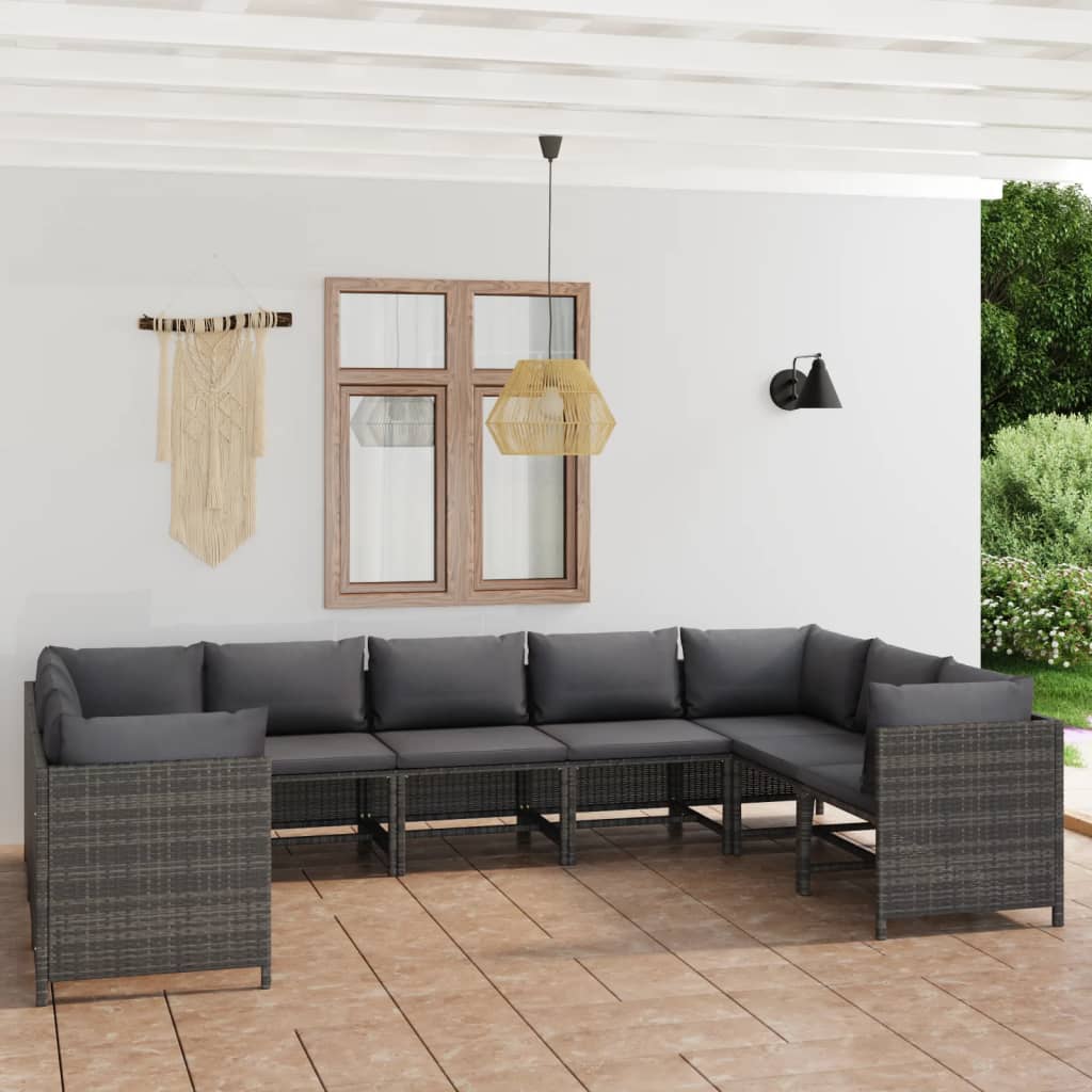 Set Divani da Giardino 9 pz con Cuscini in Polyrattan Grigio - homemem39